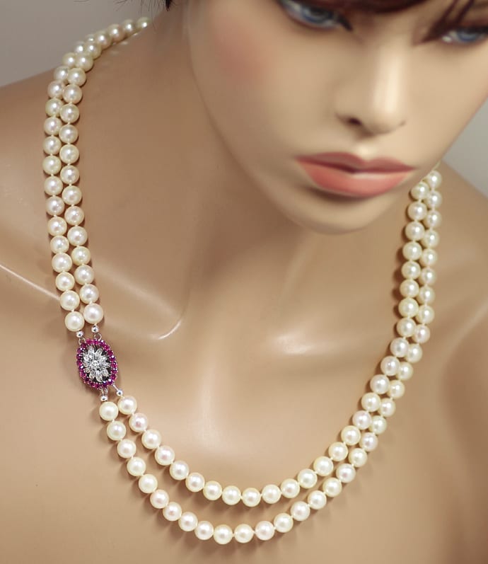 Foto 5 - Zweireihige 1A Perlenkette Rubine Diamanten Verschluss, S2035